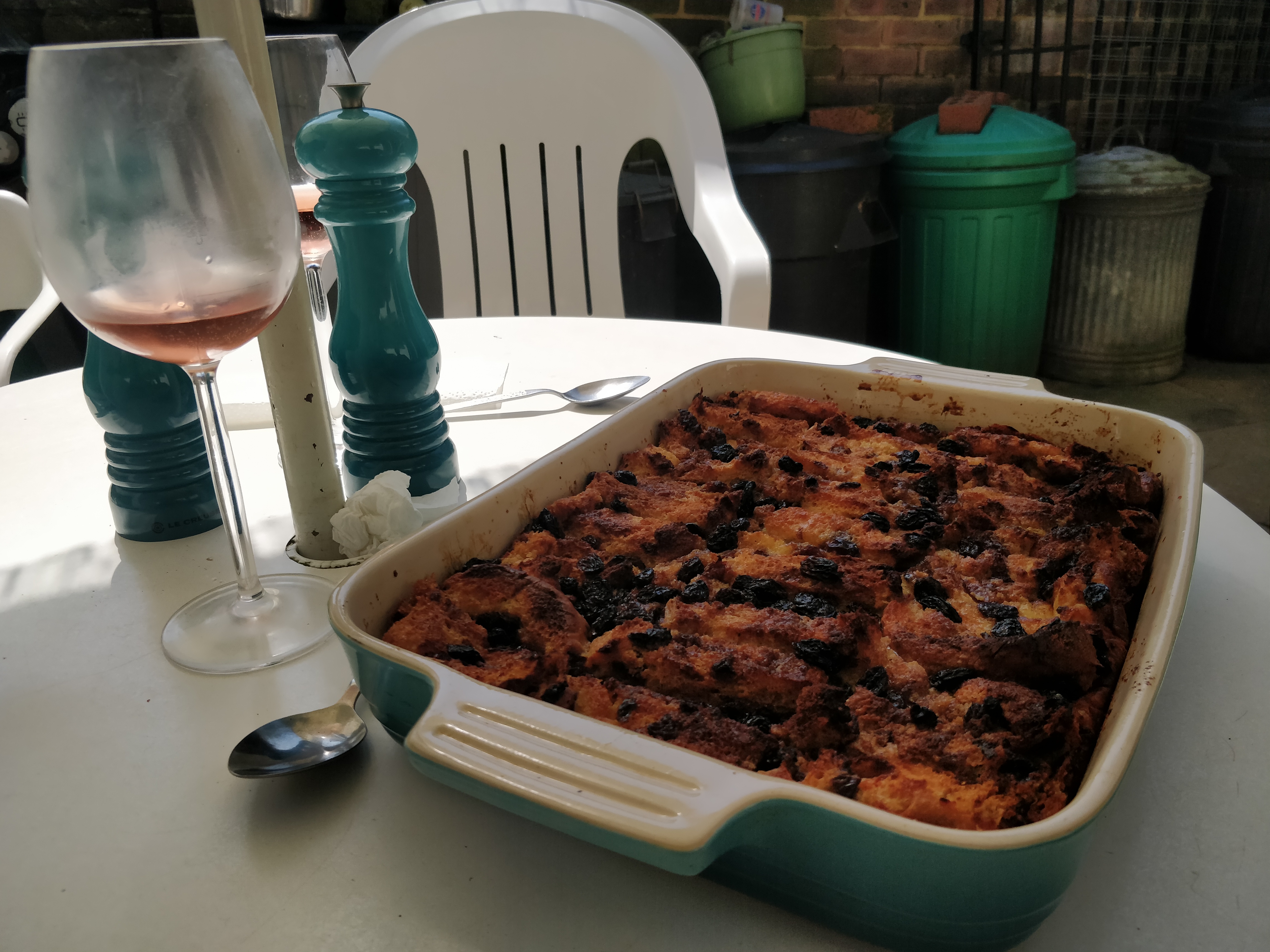 Finished The finished Hot Cross Bun and Butter Pudding served outside